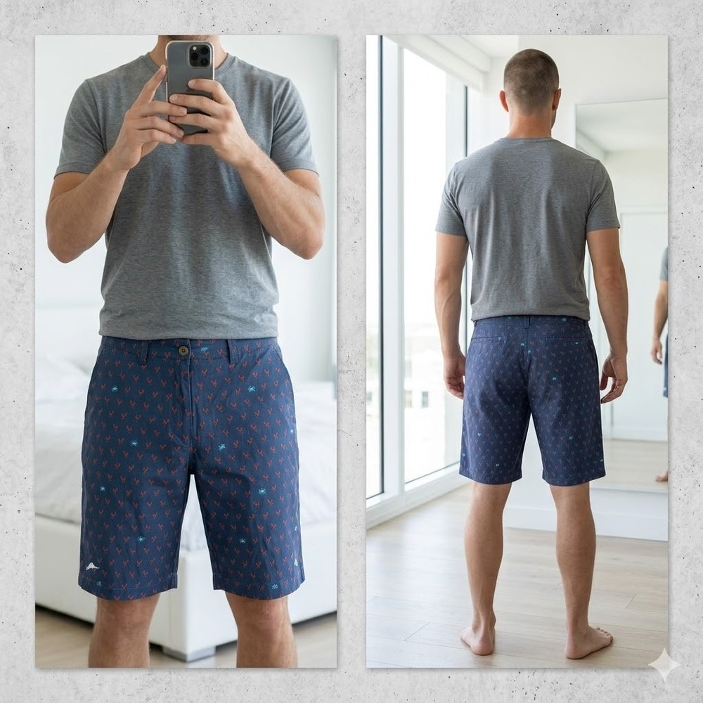 Tommy Bahama Mens 34 Relax Shorts Navy Blue Lobster Crab Print Cotton Blend 10in